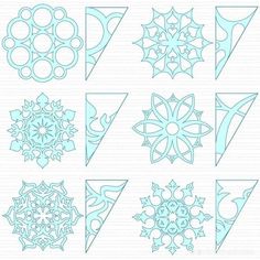 the different shapes and sizes of snowflakes are drawn in blue ink on white paper