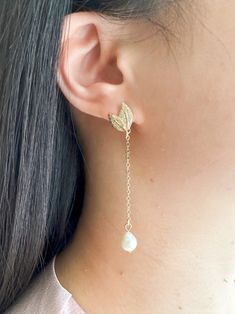 Gold Leaf Pearl Earrings Pearl Drop Earring Wedding Pearl - Etsy Elegant Leaf Shaped Earrings As Gift, Elegant Leaf-shaped Earrings For Gift, Elegant Single Leaf Earring, Leaf-shaped Wedding Jewelry For Pierced Ears, Elegant Leaf-shaped Wedding Jewelry, Leaf-shaped Wedding Jewelry With Matching Earrings, Wedding Pearl Earrings, Earrings Pearl Drop, Hummingbird Necklace