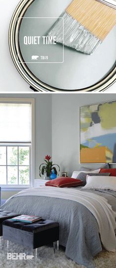 a bedroom with white walls and grey bedding in the same color as it appears to be painted