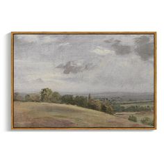 an oil painting on canvas of a hilly landscape with trees and clouds in the distance