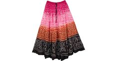 Free flowing cotton summer long skirt. This skirt is a spontaneous overflow of mesmerizing colors into the deeps of night! The colors are dark pink, light pink and orange, and finally black. The design looks really beautiful - check out the detailed pictures. There are delicate small white tie dye patterns all over the long skirt. The material is comfortable cotton, ideal for any climate. The skirt is lined from inside to half length.It has a relaxed fit for carefree movement. The skirt has a wi Traditional Pink Summer Skirt, Traditional Pink Skirt For Summer, Traditional Pink Skirt For Spring, Pink Bohemian Cotton Skirt, Bohemian Cotton Pink Skirt, Bohemian Pink Cotton Skirt, Traditional Pink Skirt For Festival, Tie Dye Long Skirt, Summer Long Skirt