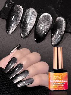 Black  Collar  Polyresin   Embellished   Nail,Hand & Foot Care Black Prom Nails Acrylic Classy, Black Glitter Almond Nails, Black Holographic Nails, Black Cat Eye Nails Design, Nail Design Dark, Glitter Black Nails, Sparkly Black Nails, Eye Shimmer, Silver Nail Art