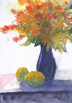 a watercolor painting of flowers and fruit in a blue vase on a window sill