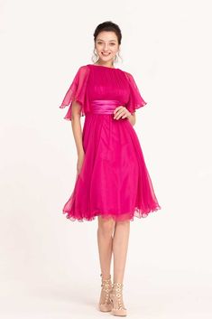 The magenta dress looks so vivid, modest boat neck and covered back, short sleeves, under the knee length skirt trimed with fishline, zipper on the back. Magenta Bridesmaid, Magenta Bridesmaid Dresses, Midi Bridesmaid Dresses, Magenta Skirt, Midi Bridesmaid Dress, Magenta Dress, Bridesmaid Dresses With Sleeves, Wedding Flower Girl Dresses, Pleated Top