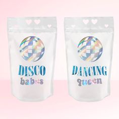 there are two bags that say disco and dancing queen