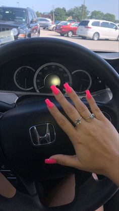 Neon Nails One Color, Hot Pink Nails With Accent Nail, Bright Acrylic Nails For Summer, Bright Pink Acrylics, Summer Nails Square Pink, Neon Pink Nails Short, Neon Pink Nails Design Summer, Bright Pink Nail Ideas, Beach Vacation Nail Inspo Summer