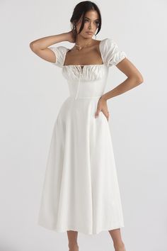 White Dresses Confirmation, Midi Grad Dress, Grad Dresses Midi, White Day Dress, White Fitted Dress With Gathered Neckline, Fitted Midi Dress With Ruched Bodice For Garden Party, White Dress With Gathered Neckline And Fitted Bodice, White Midi Dress With Ruched Bodice And Square Neck, White Fitted Midi Dress With Puff Sleeves