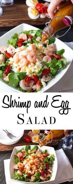 shrimp and egg salad in a bowl with dressing being drizzled on top