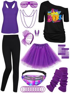 a purple outfit and accessories are arranged in the shape of a woman's body