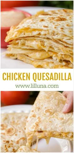 chicken quesadilla on a white plate with text overlay