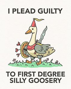 a duck with a hat on its head and the words, i read guilt to first degree silly gooseery