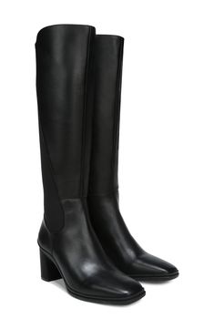 Stretchy contrast fabric on the calf and a square toe highlight this waterproof boot set on a block heel and contoured footbed with cushioned support. Style Name:Naturalizer Axel Waterproof Knee High Boot (Women). Style Number: 6105224. Weatherproof Boots, Waterproof Boots, Women Style, Knee High Boots, Riding Boots, Knee High, Block Heels, Womens Boots, Black Leather