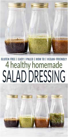 four different types of homemade salad dressing in glass jars with the words 4 healthy homemade salad dressing