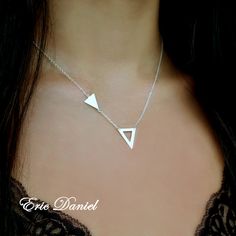 "These cute and fun triangles necklace made from genuine .925 sterling silver or from Sterling Silver with yellow gold plating will fit perfectly into and geometric jewelry fashion repertoire. Choose to engrave your initial and personalize it to your liking! Metal Option: - Sterling Silver - Sterling Silver with Yellow Gold overlay Dimensions: Chain: 16\" + 1\" extender (17\" total length) Large Triangle: 15mm height x 12mm width Small Triangle: 10mm height x 8mm width ---------PRODUCTION------- Silver Triangle Jewelry For Everyday, Nickel-free Triangle Sterling Silver Jewelry, Everyday Triangle Nickel-free Jewelry, Everyday Nickel-free Triangle Jewelry, Trendy Geometric Jewelry For Gifts, Dainty Triangle Jewelry Gift, Dainty Triangle Jewelry For Gifts, Silver Triangle Necklace For Gift, Triangle Necklace With Adjustable Chain For Gift