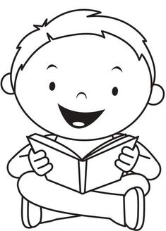 a boy reading a book with his hands on his knees and smiling at the camera