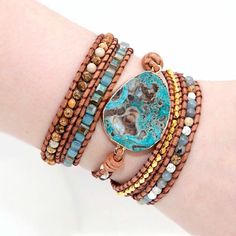 Mixed Stones Bohemian Bracelet Strands Wrap Bracelets Leather Wrist Band Jewelry  | eBay Ocean Bracelet, Turquoise Wrap Bracelet, Wrap Armband, Beaded Leather Wraps, Outfit Yoga, Jasper Bracelet, Les Chakras, Stone Wrapping, Wrap Bracelets