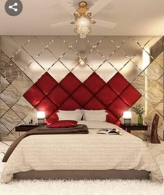 a modern bedroom with red and gold accents