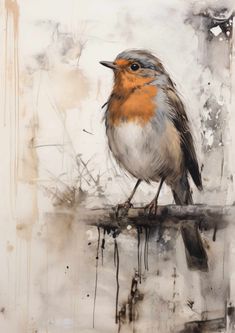 a painting of a bird sitting on a branch