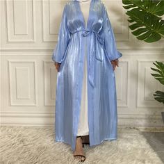 Abaya, Muslim Dress, Open Abaya Silk Abaya Dresses, Summer Party Abaya With Long Sleeves, Summer Long Sleeve Party Abaya, Summer Party Long Sleeve Abaya, Satin Abaya Dress, Blue Maxi Length Abaya For Spring, Spring Long Modest Kaftan, Spring Blue Long Sleeve Abaya, Elegant Long Sleeve Summer Abaya