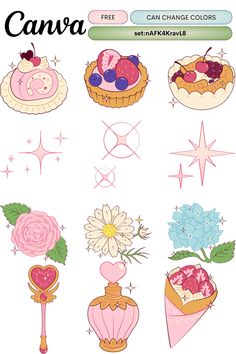 an image of different types of flowers and cakes on a white background with the words canva