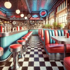 the interior of an american diner with red and blue booths