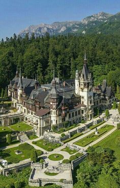 an aerial view of a large castle in the middle of a green area with trees and mountains behind it