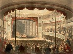 an old painting of a stage full of people