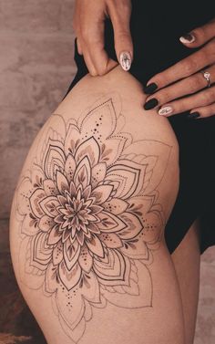 Mandala Tattoo Hip For Women, Mandala Tattoo On Thigh, Mandala Tattoo Woman, Mandala Thigh Tattoos, Ocean Life Tattoos For Women, Women Mandala Tattoo, Mandela Tattoo Thigh, Mandala Tattoo Ideas For Women, Mandala Tattoo For Women