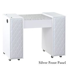 the silver front panel on this white desk is made from wood and has wheels for storage