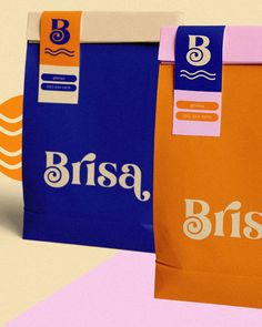 an orange and blue bag sitting on top of a pink and white background with the words brise written across it