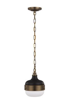 an antique brass and white pendant light with chain hanging from the bottom, on a white background