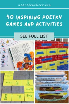 four different activities to teach children about reading and writing with the text, 10 inspireing poetry games and activities see full list