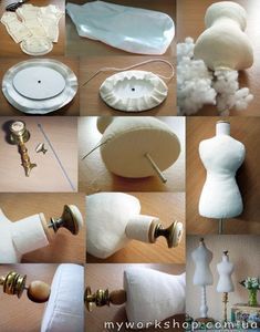 many different types of items being made on a wooden table with white cloths and buttons