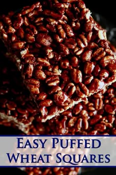 some kind of food that is on top of a plate with the words puffed wheat bars