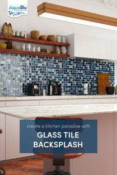 the glass tile backsplash in this kitchen is clean and ready to use