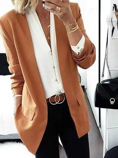 Chic Trousers, Work Outfits Frauen, Style Business Casual, Jacket Dresses, Womens Business, Business Casual Blazer, Business Jacket, Blazer Casual, Orange Blazer