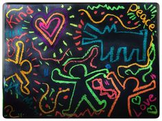 a blackboard with colorful writing on it and hearts in the center, as well as words like love