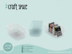 three plastic containers with books in them on a blue and white background that says craft space