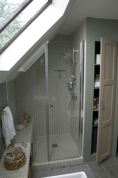 a bathroom with a skylight and shower in it