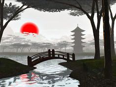 a bridge over a body of water with trees in the foreground and a red sun behind it