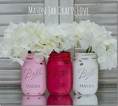 three mason jars with flowers in them are painted pink, white and blue as well