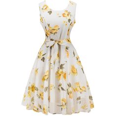 Women High Waist Floral Print Dress - White - 2806101816 - Women's Clothing  #WomensClothing #Women's #Clothing White Tea Length Dress, Belted Floral Dress, Vintage Print Dress, Floral Tea Dress, White Floral Print Dress, Retro Style Dress, Robes Vintage, Floral Chiffon Dress, Retro Mode