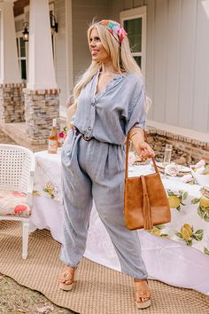 Chambray Jumpsuit, Wide Belt, V Cut, V Cuts, Cinched Waist, Keep Up, Chambray, Floor Length, Bodice