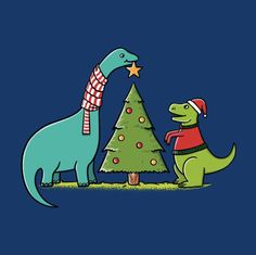 two dinosaurs are decorating a christmas tree with a star on its head and another dinosaur is standing next to it