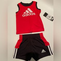 Adidas Baby Boys Logo Tank And Shorts Set Red, White, And Black. Sz. 6 Months Nwt Red Cotton Short Sets, Red Cotton Sports Set, Sporty Red Playwear Set, Red Sporty Playwear Sets, Red Sporty Playtime Sets, Boys Logo, Adidas Baby, Month Colors, Shorts Set