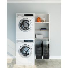 a washer and dryer stacked on top of each other in a laundry room