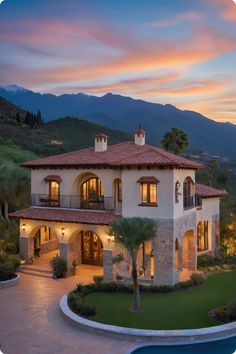 a large house with a pool in front of it and mountains in the back ground