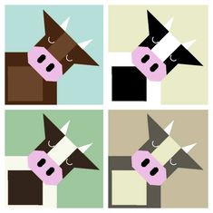 four different colored cows with horns on them's heads and noses are shown in squares