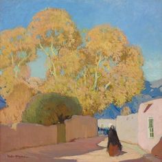 an oil painting of a woman walking down the street in front of a tree with yellow leaves