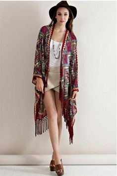 Details: One size Polyester chiffon Nylon corded fringe Kimono Boho, Knit Poncho Sweater, Tie Crop Top, High Waist Pants, Boho Kimono, Cut Out Top, Ticking Stripe, Style Blouse, Poncho Sweater